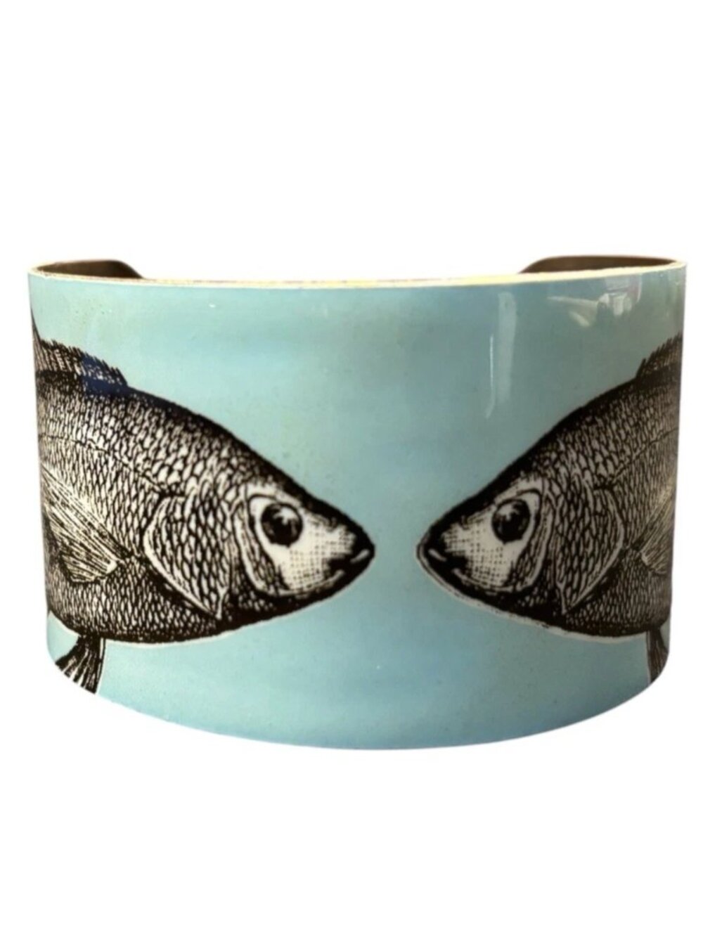 Vintage Aqua Enamel Fish Cuff Bracelet Wide Coastal Nautical Ocean Art Jewelry